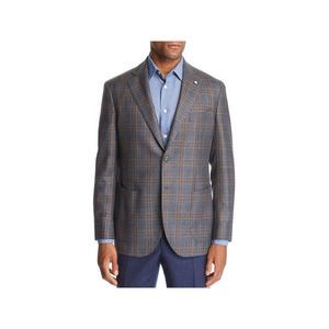 L.B.M. 1911 Mens Gray Single Breasted Windowpane Plaid Slim Fit Blazer 56R